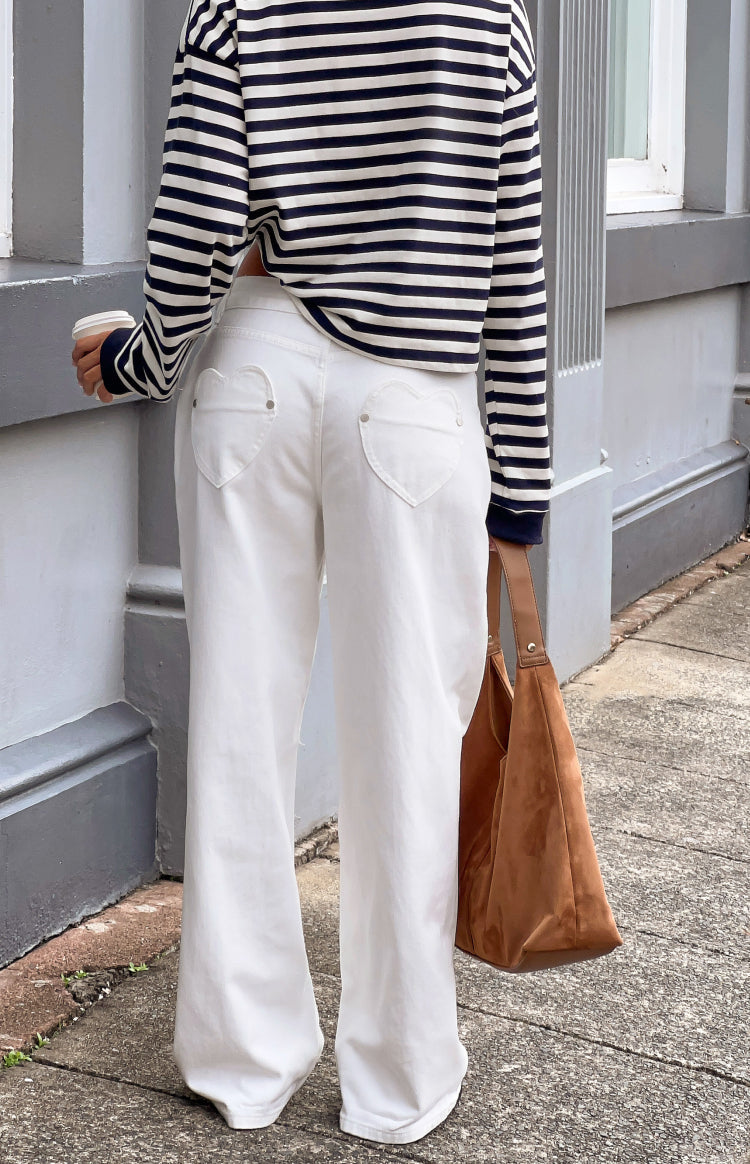 Lovers Lane White Denim Heart Pocket Slouchy Jeans