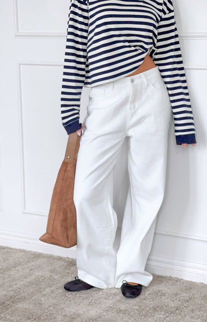 Lovers Lane White Denim Heart Pocket Slouchy Jeans
