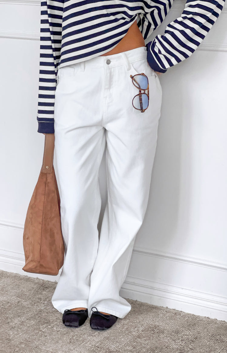 Lovers Lane White Denim Heart Pocket Slouchy Jeans