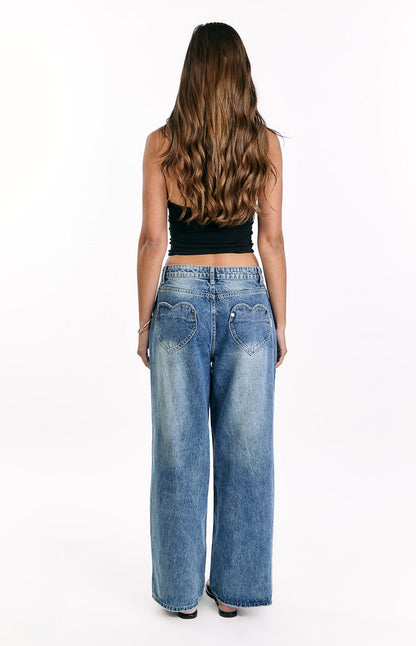 Lovers Lane Mid Wash Denim Heart Pocket Slouchy Jeans - PRE ORDER