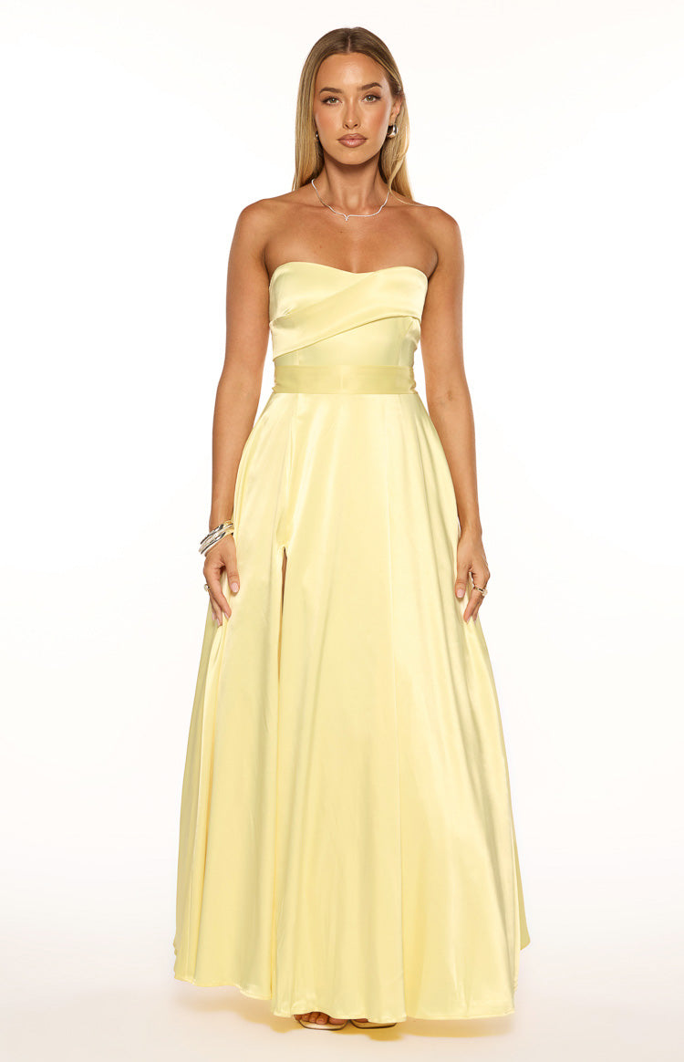 Lucy Yellow Strapless Satin Formal Maxi Dress