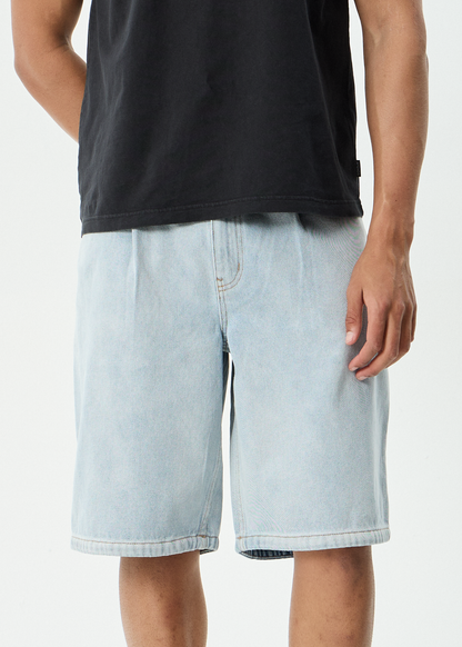 AFENDS Mens Fast Forward - Denim Ultra Baggy Pleated Short 24" - Stone Blue