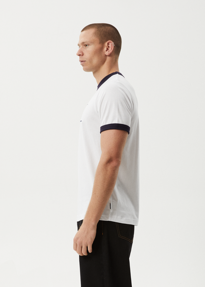 AFENDS Mens All Eyez - Ringer Tee - White / Deep Sea