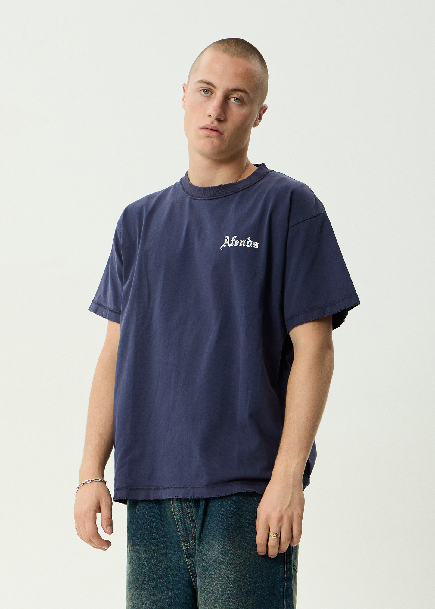 AFENDS Mens Shrine - Heavyweight Boxy Tee - Washed Deep Sea