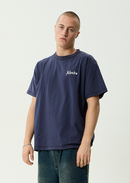 AFENDS Mens Shrine - Heavyweight Boxy Tee - Washed Deep Sea