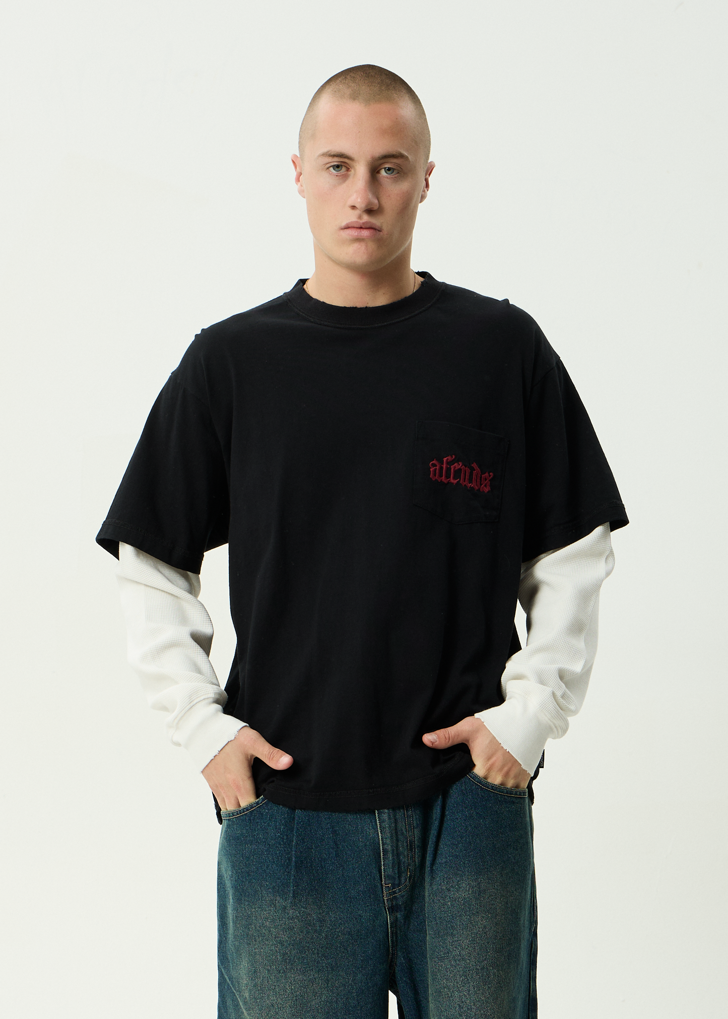 AFENDS Mens Drop Zone - Layered Waffle Long Sleeve Tee - Stone Black