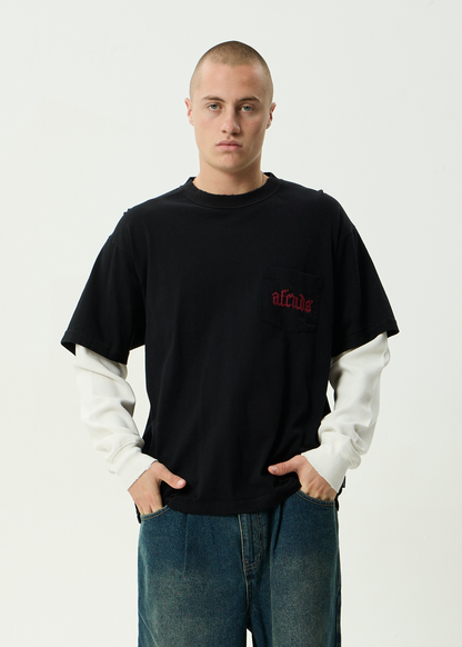 AFENDS Mens Drop Zone - Layered Waffle Long Sleeve Tee - Stone Black