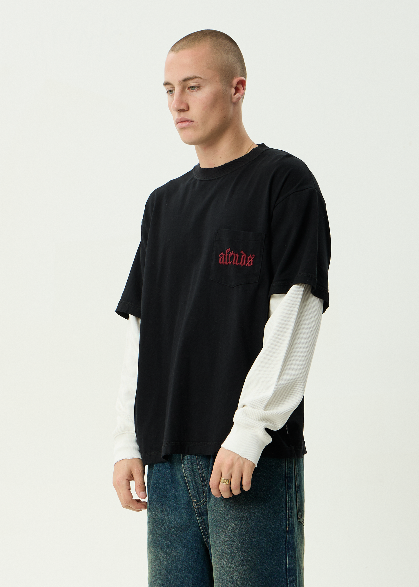 AFENDS Mens Drop Zone - Layered Waffle Long Sleeve Tee - Stone Black