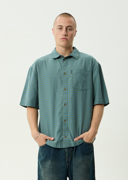 AFENDS Mens Voyager - Short Sleeve Shirt - Deep Olive Check