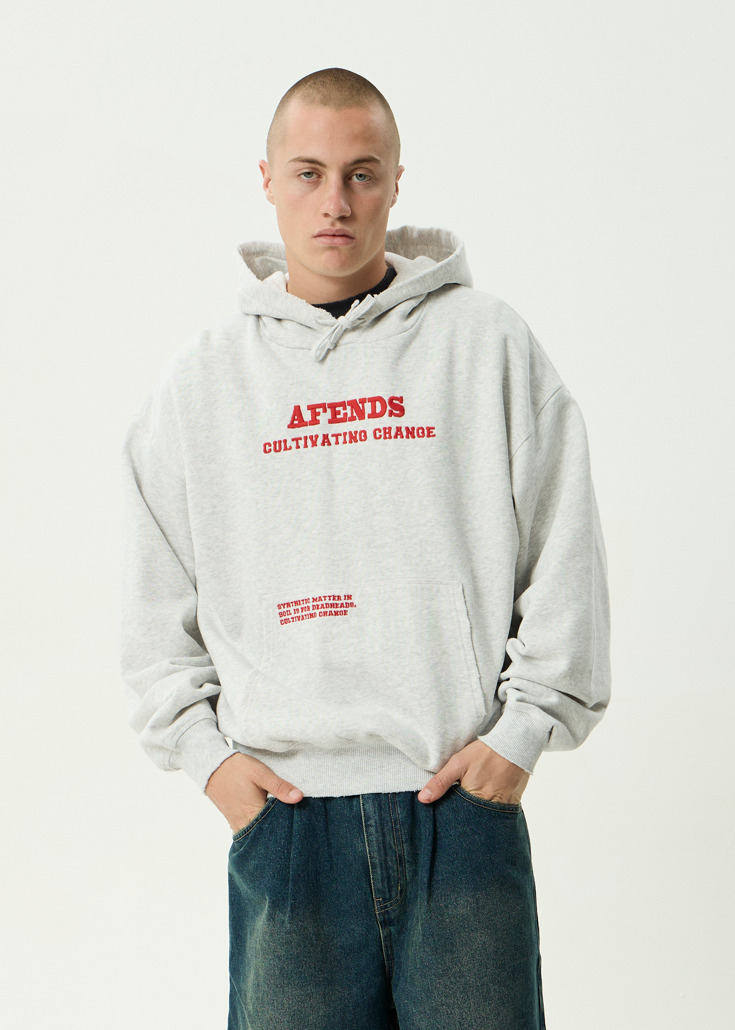 AFENDS Mens Wonders - Boxy Pull On Hood - Grey Marle