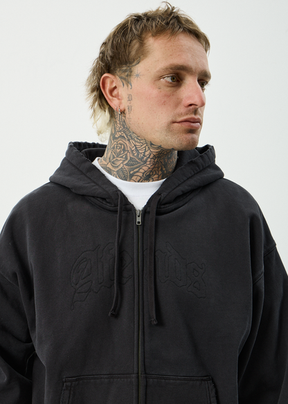 AFENDS Mens Residence - Heavyweight Boxy Zip Hood - Stone Black