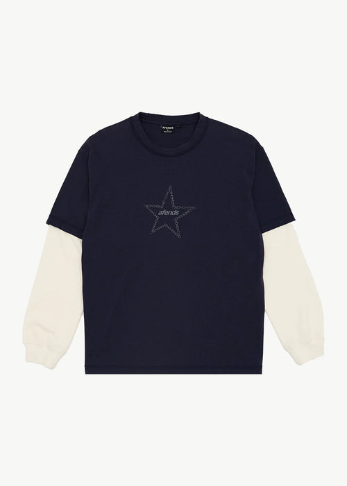 AFENDS Mens Chains - Heavyweight Layered Waffle Long Sleeve Tee - Washed Deep Sea