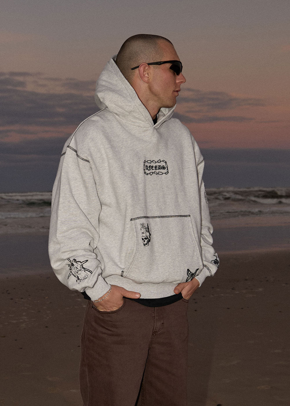 AFENDS Mens Spiritual - Distressed Boxy Hood - Grey Marle