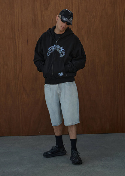 AFENDS Mens Scorpius - Distressed Boxy Zip Hood - Stone Black