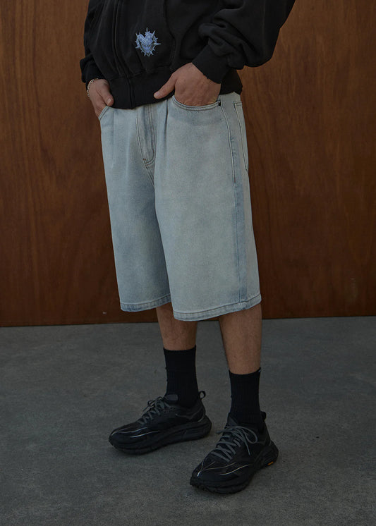 AFENDS Mens Fast Forward - Denim Ultra Baggy Pleated Short 24" - Stone Blue
