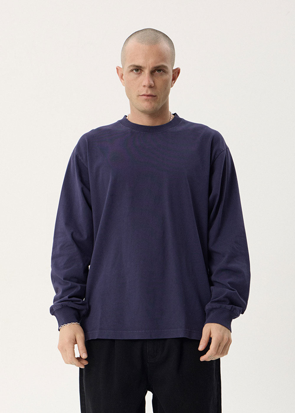 AFENDS Mens Genesis - Boxy Long Sleeve Tee - Washed Deep Sea