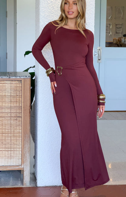 Misaki Burgundy Long Sleeve Wrap Maxi Dress