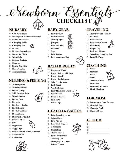 Newborn Essentials Checklist - Free Baby Shower Digital Download