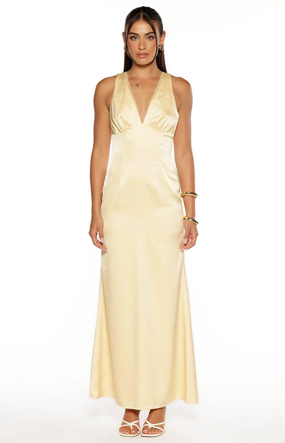 Nicolina Yellow Satin Formal Maxi Dress
