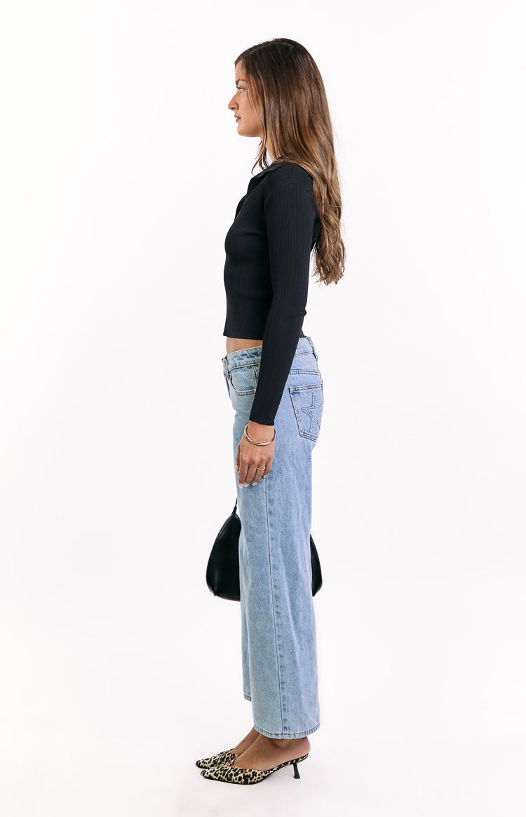 Nina Black Ribbed Knit Long Sleeve Sweater
