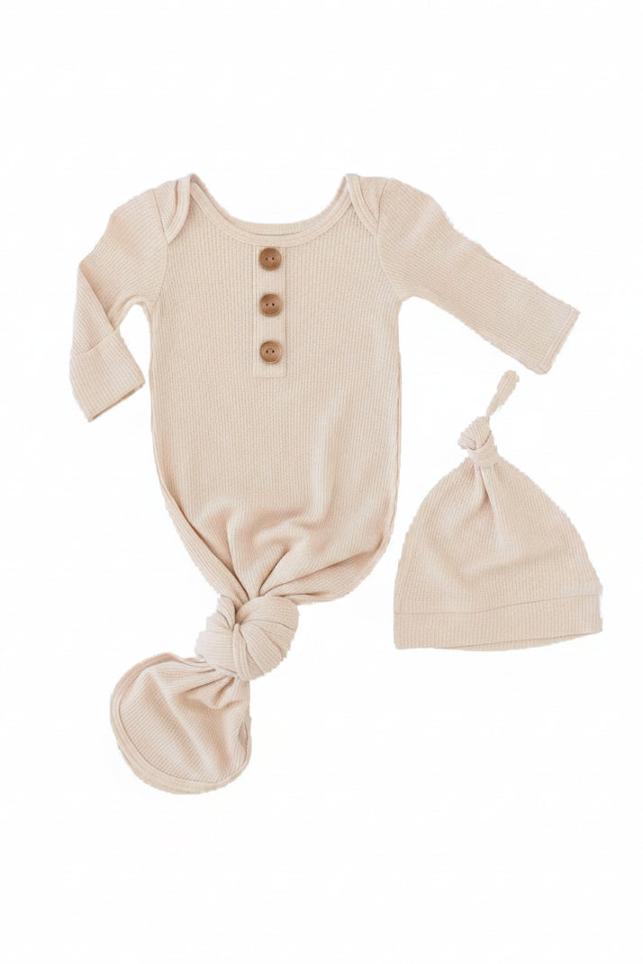 Oatmeal Bamboo Waffle Newborn Baby Knot Gown & Hat Set