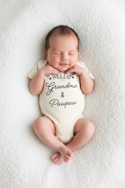 Personalized Hello Grandparents Graphic Bodysuit | Natural