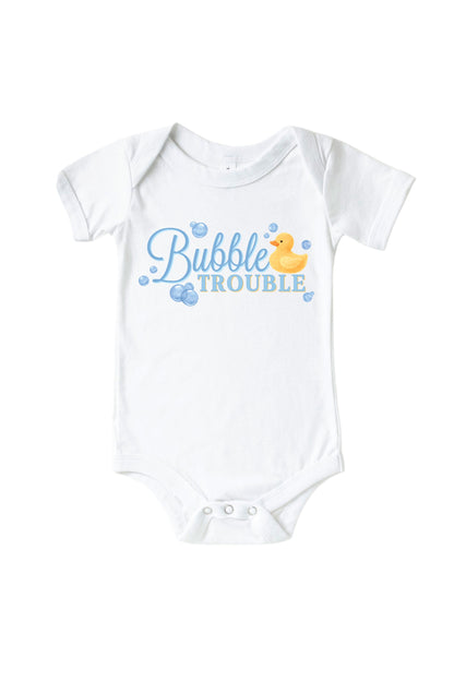 Bubble Trouble Blue Graphic Bodysuit & Kids Tee | White