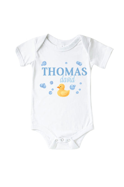 Personalized Bubble Duckie Blue Graphic Bodysuit & Kids Tee | White