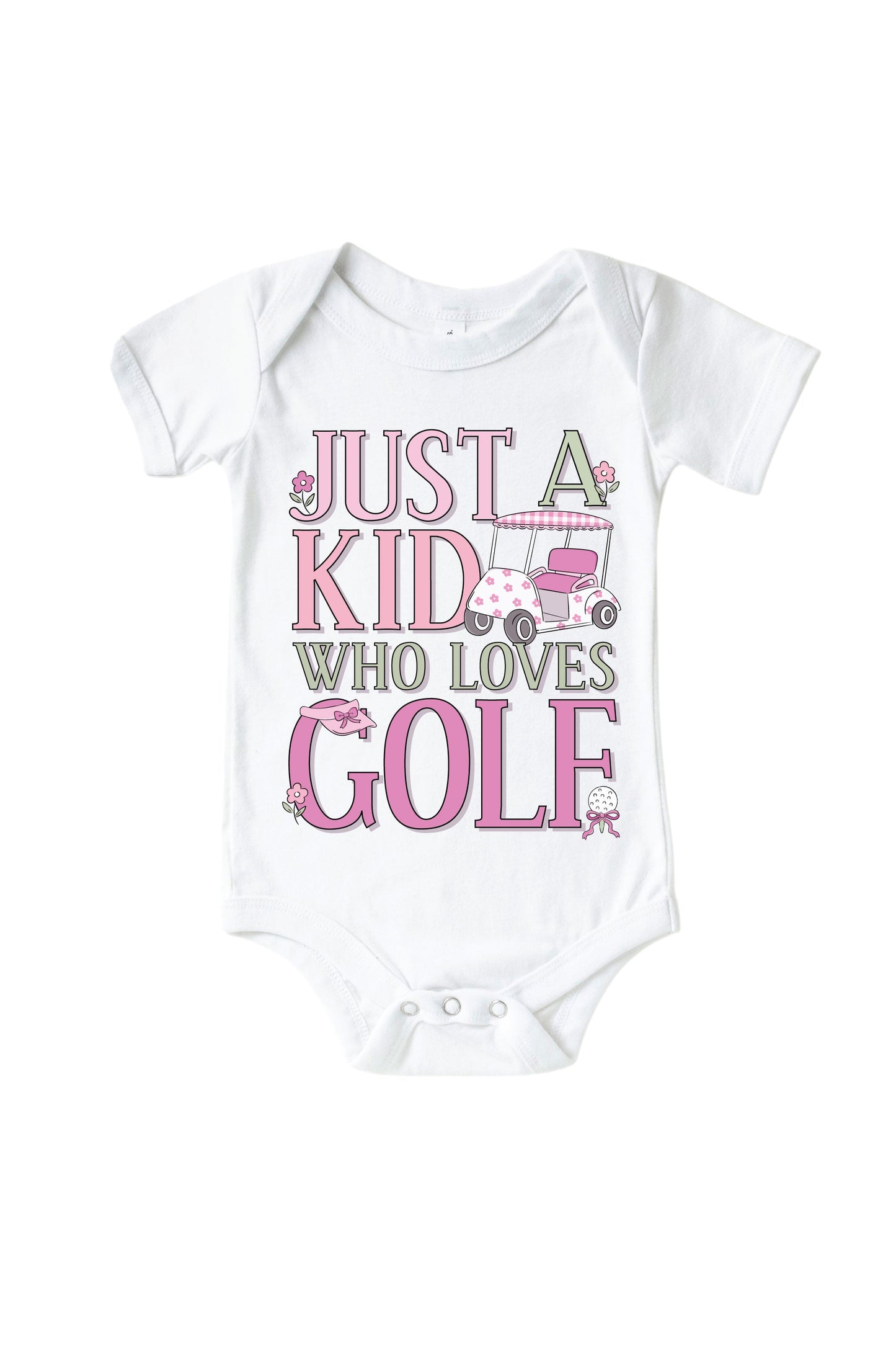 A Kid With Golf Love Pink Graphic Bodysuit & Kids Tee | White