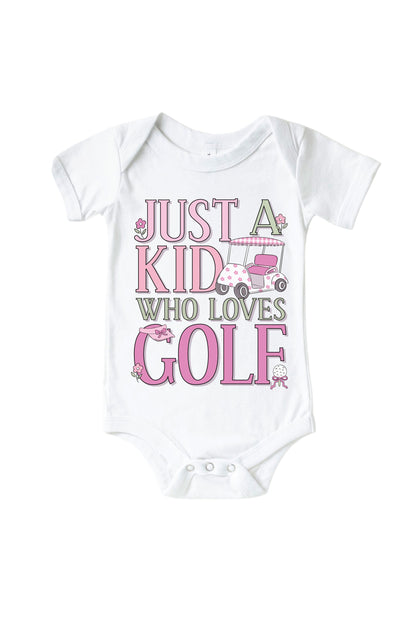 A Kid With Golf Love Pink Graphic Bodysuit & Kids Tee | White