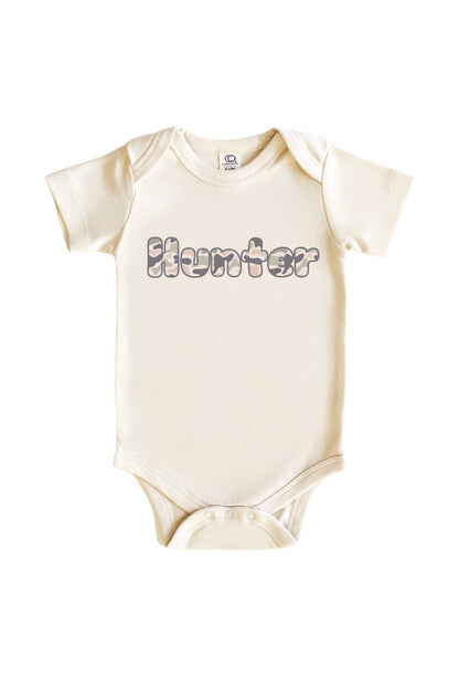 Personalized Camo Cutie Graphic Bodysuit & Kids Tee | Natural