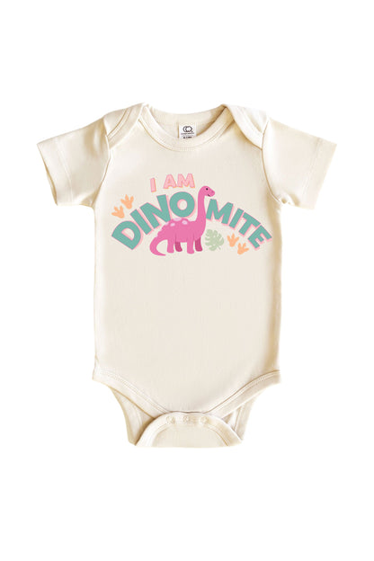 I Am Dino-Mite Pink Graphic Bodysuit & Kids Tee | Natural