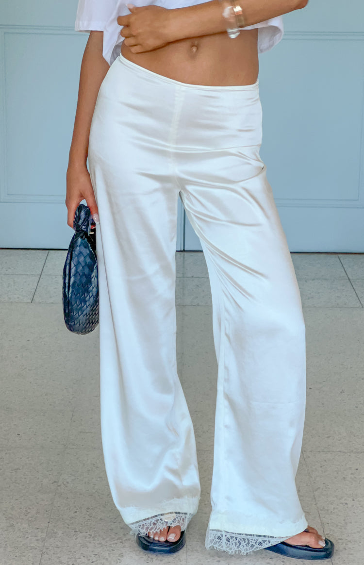 Orla Ivory Satin Straight Leg Lace Trim Pants
