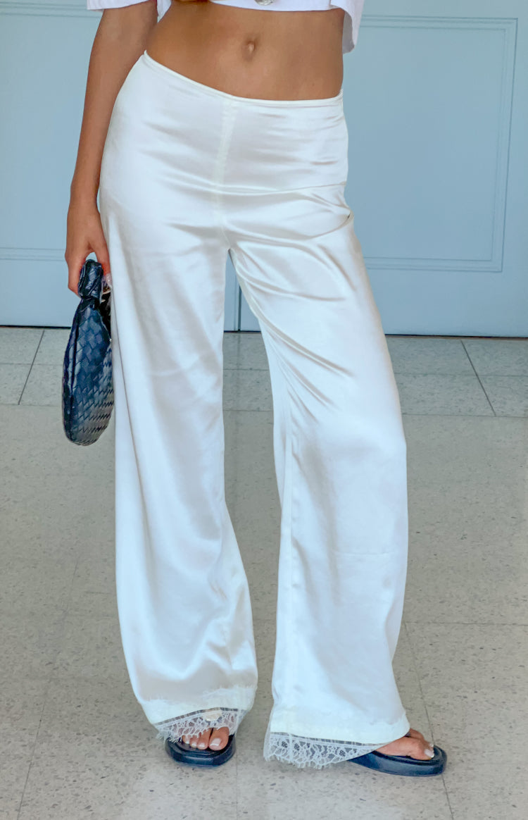 Orla Ivory Satin Straight Leg Lace Trim Pants