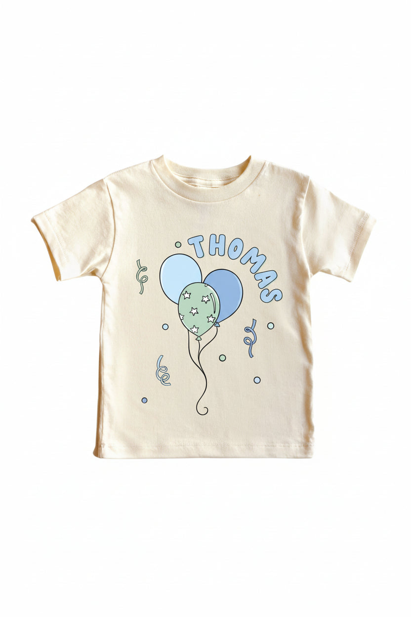 Personalized Blue Party Time Graphic Bodysuit & Kids Tee | Natural