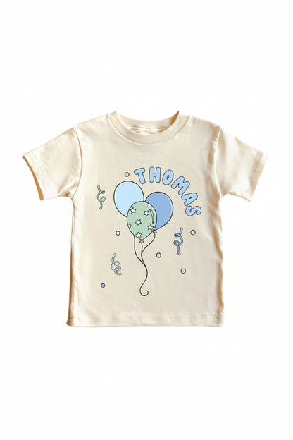 Personalized Blue Party Time Graphic Bodysuit & Kids Tee | Natural