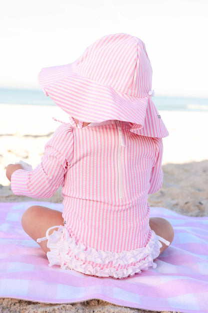 Long Sleeve Rash Guard with Ruffle Bottom | Seersucker Dusty Pink