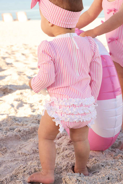 Long Sleeve Rash Guard with Ruffle Bottom | Seersucker Dusty Pink
