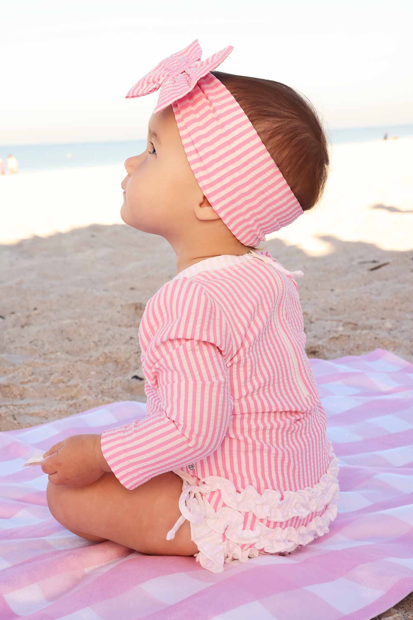 Long Sleeve Rash Guard with Ruffle Bottom | Seersucker Dusty Pink