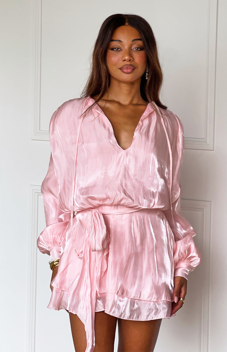 Quinton Pink Satin Long Sleeve Tie Mini Dress