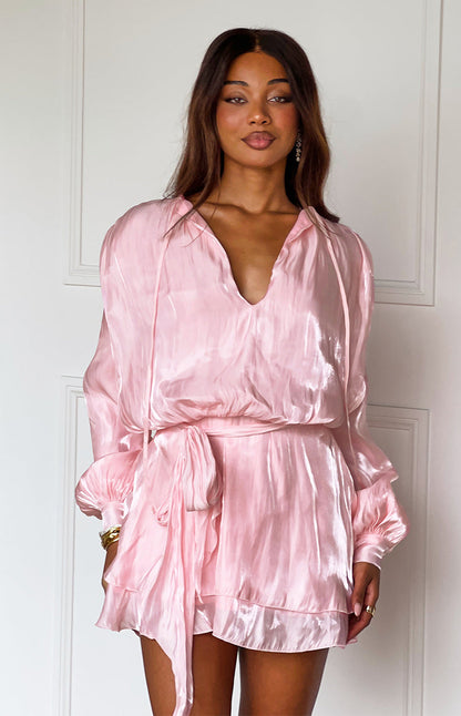 Quinton Pink Satin Long Sleeve Tie Mini Dress
