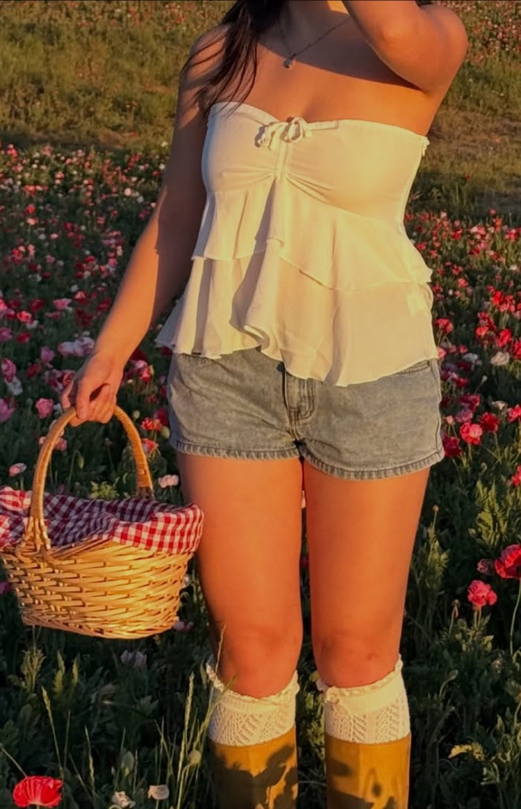 Raleigh White Ruffle Strapless Top