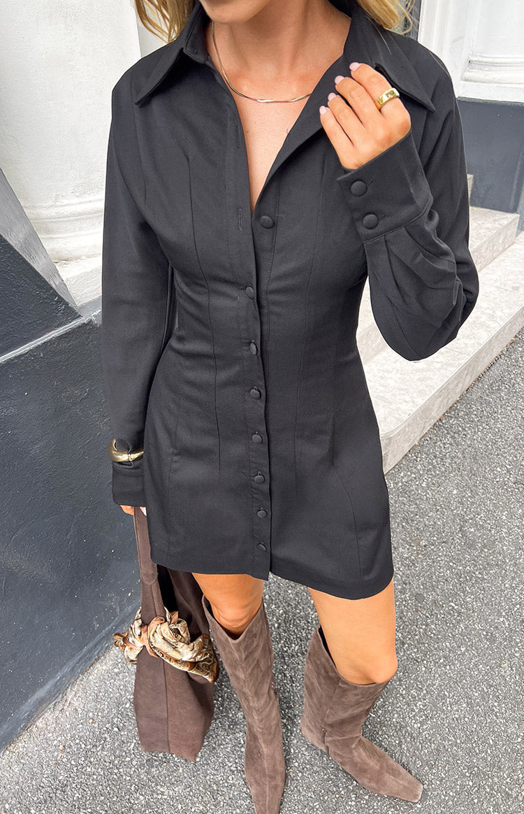 Rena Black Long Sleeve Fitted Mini Dress
