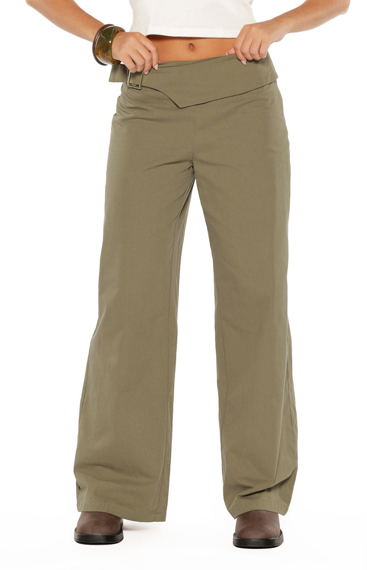 Rewind Green Buckle Detail Straight Leg Pants