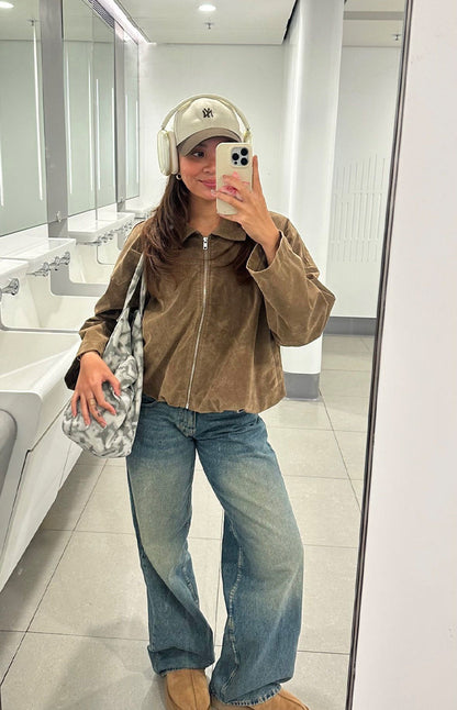 River Brown Suedette Bubble Hem Bomber Jacket