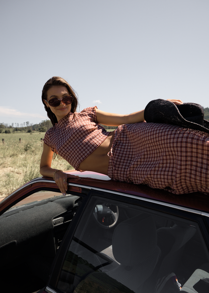 AFENDS Womens Darcy - Seersucker Top - Burgundy / Beige Check