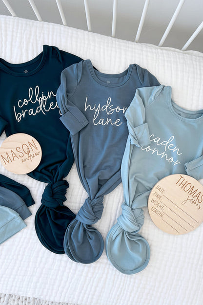 Personalized Bamboo Newborn Baby Knot Gown | River Blues - Script