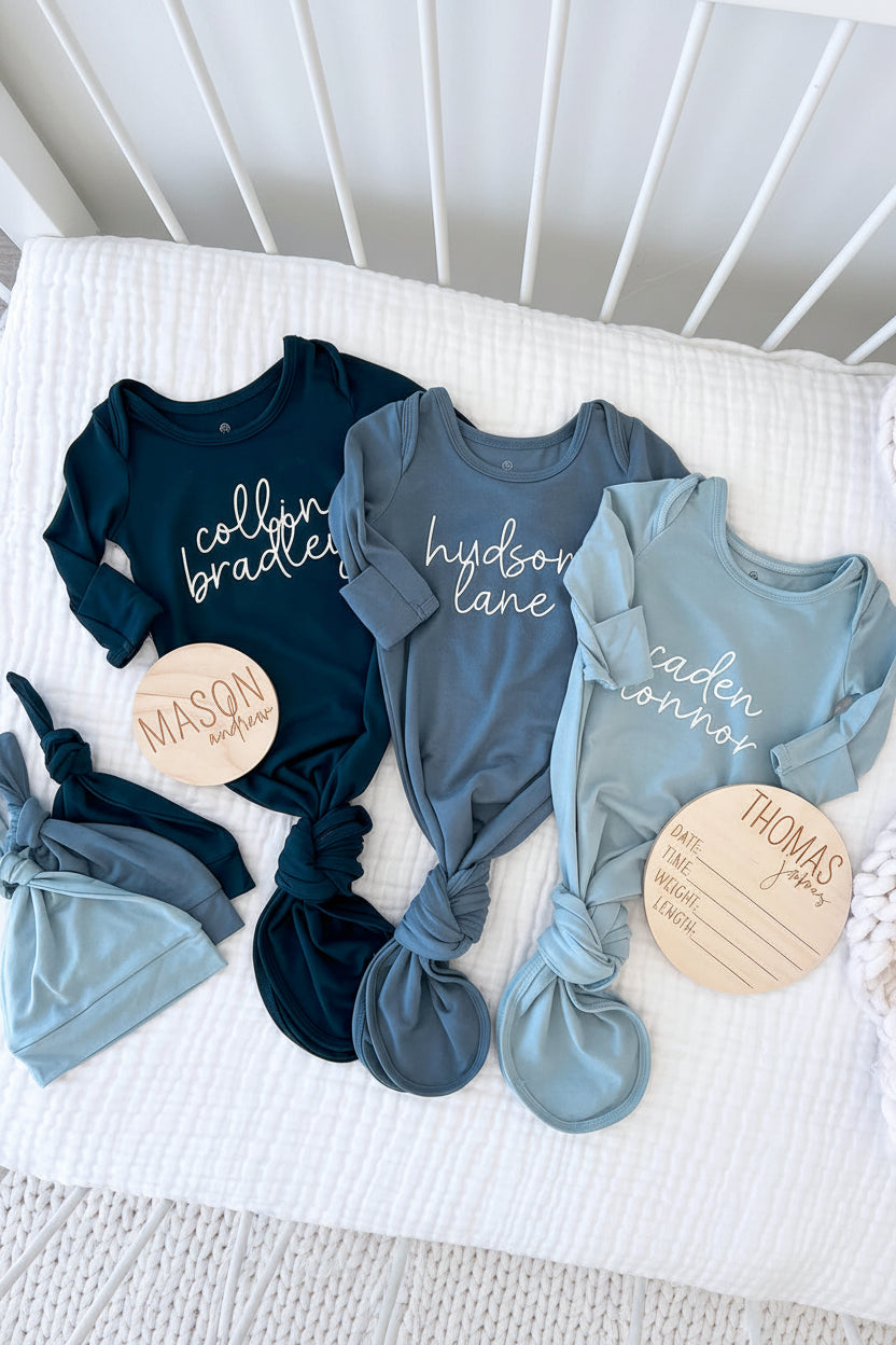 Boy Personalized Bamboo Newborn Baby Knot Gown & Hat
