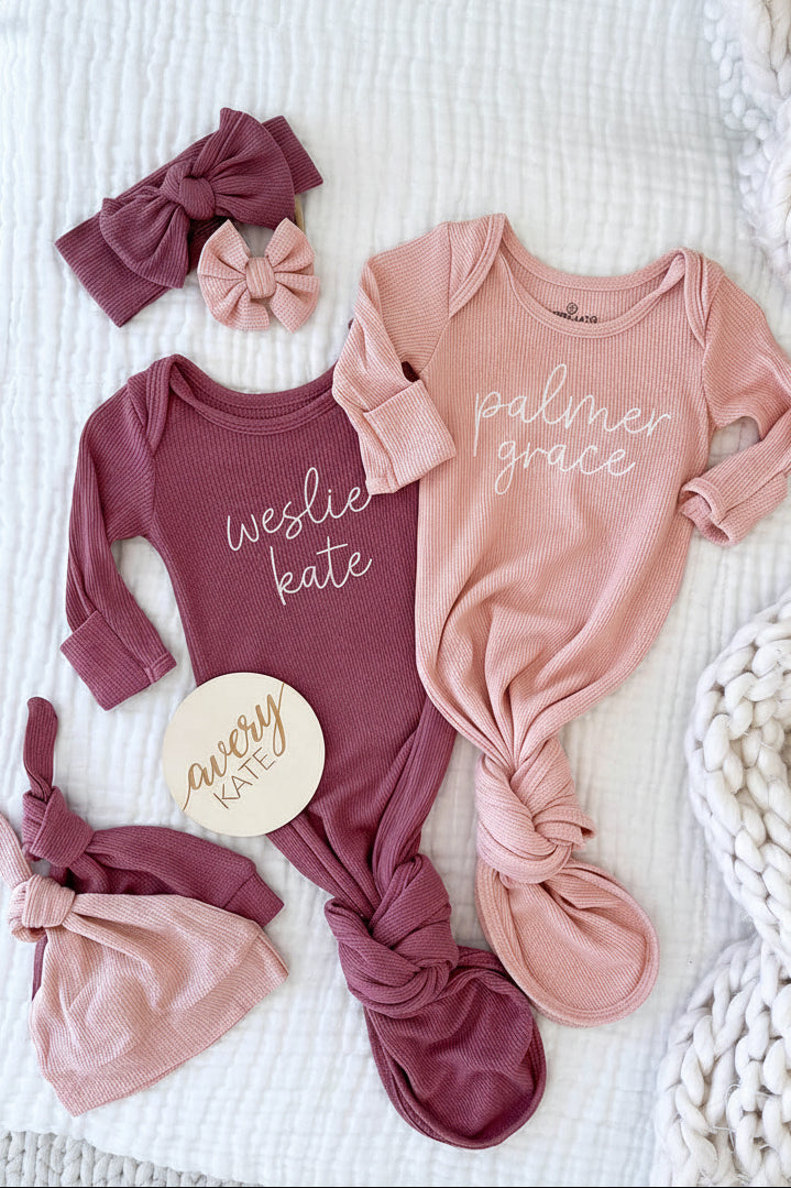Girl Personalized Bamboo Newborn Baby Knot Gown & Hat