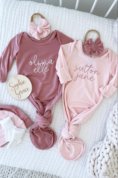 Girl Personalized Bamboo Newborn Baby Knot Gown & Hat